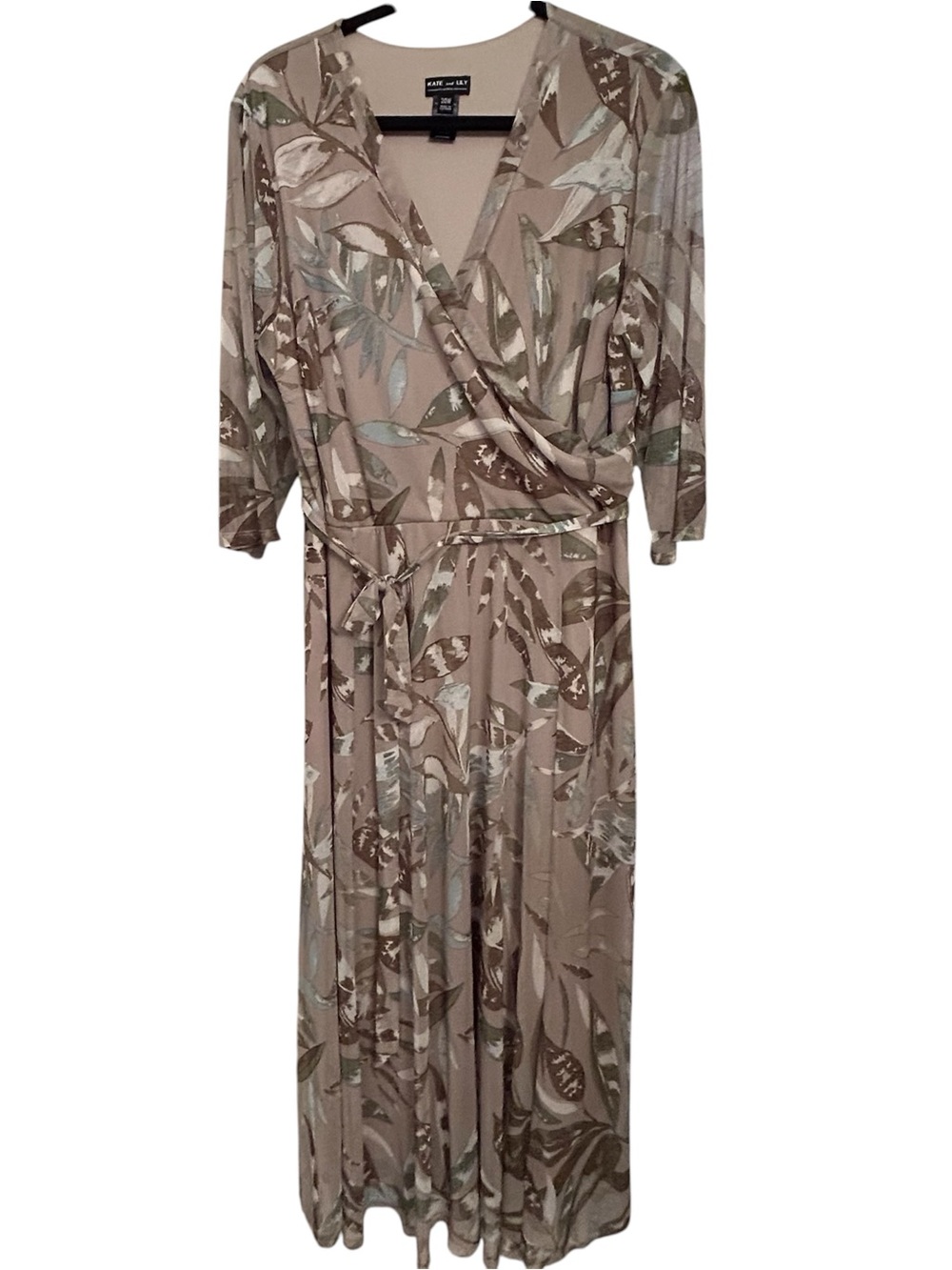 Kate and Lily Taupe and Olive Leaf-Print Faux Wrap Mesh Dress Size 20W